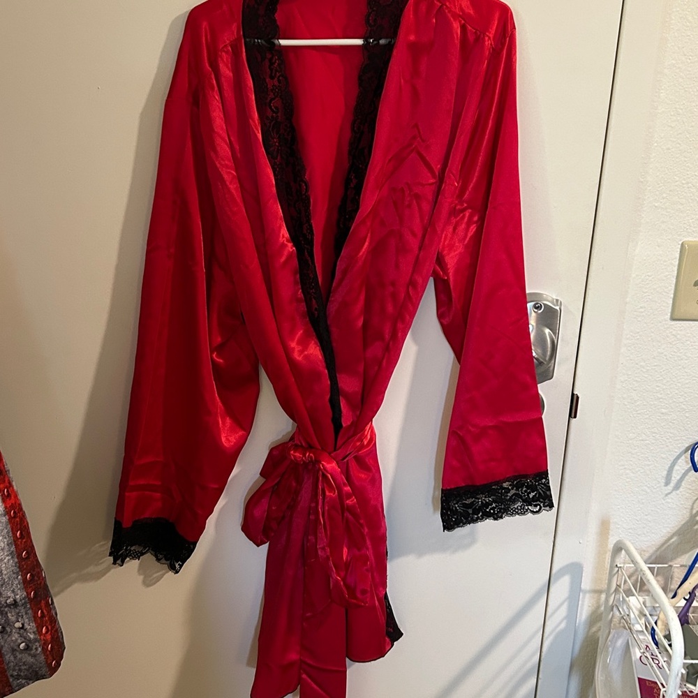Frederick's of Hollywood Red Satin Robe with Black Lace